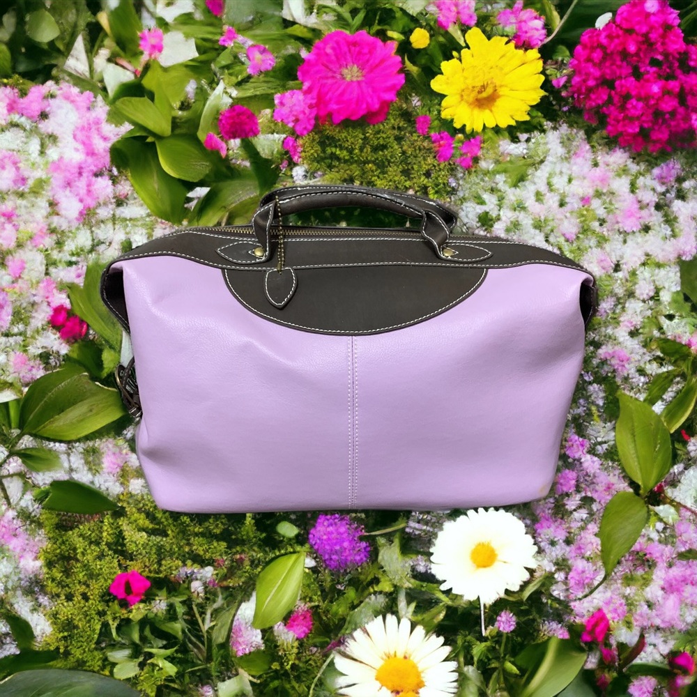 Yon Ka Rare Tote Pocketbook Bag Light Lavender Purple Brown Faux Leather 14”x 8”